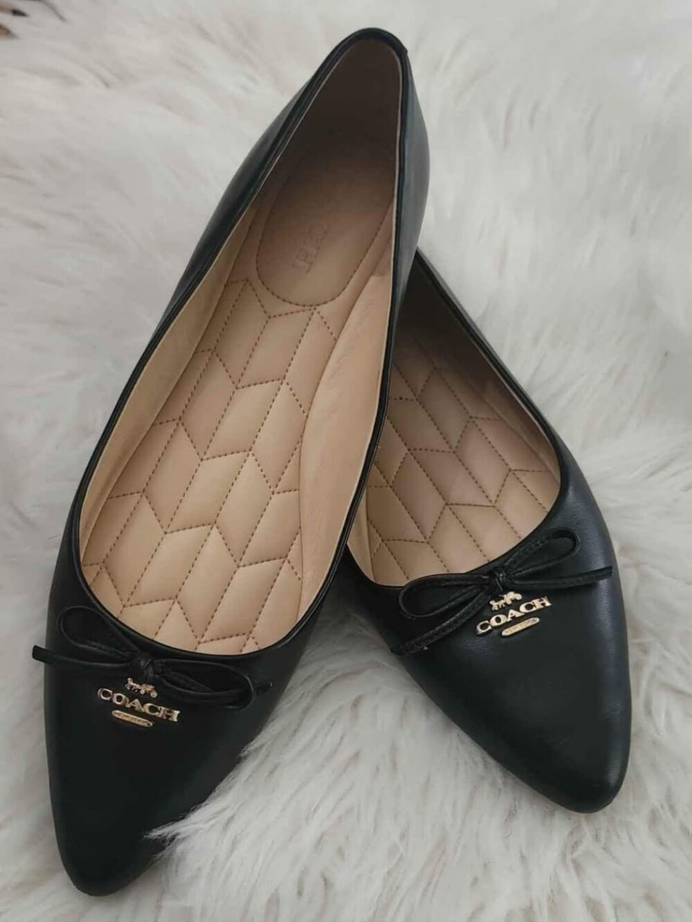 Coach Black Pointed-Toe Leather Ballet Flats with Gold Logo